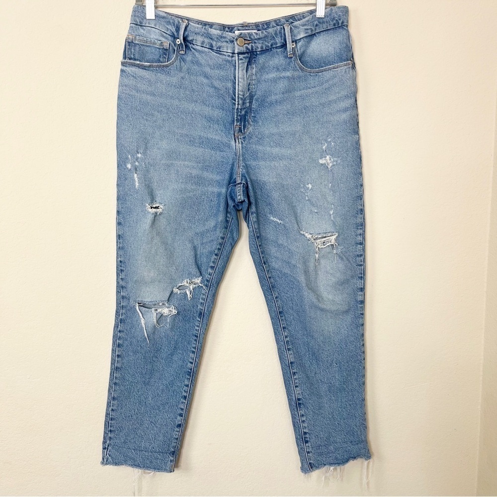 Good American The Weekender High Waisted Distressed Raw Hem Indigo Jeans